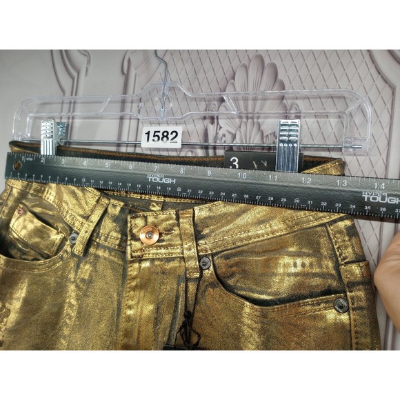 NWT MYSTIQ Womens High Waisted Jeans SZ 3 Unique Gold Spray Paint Look $66 MSRP - Picture 11 of 16